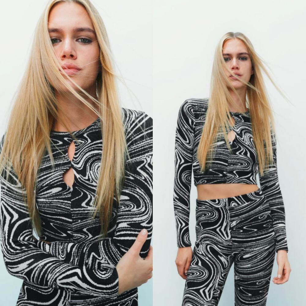 ZARA Small Retro Abstract 70s Hippy Festival Swirl Long Sleeve Knit Crop Top
